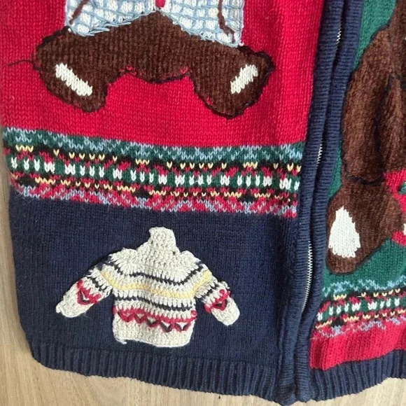 Vintage 90s Teddy Bear Zip Ugly Christmas Vest Ramie Cotton Hand Knit Medium - Picture 2 of 9